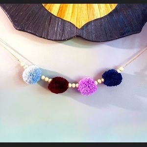 Purple, Blue, Gray & Maroon Pom Pom Garland Garland w/ Wood Bead.